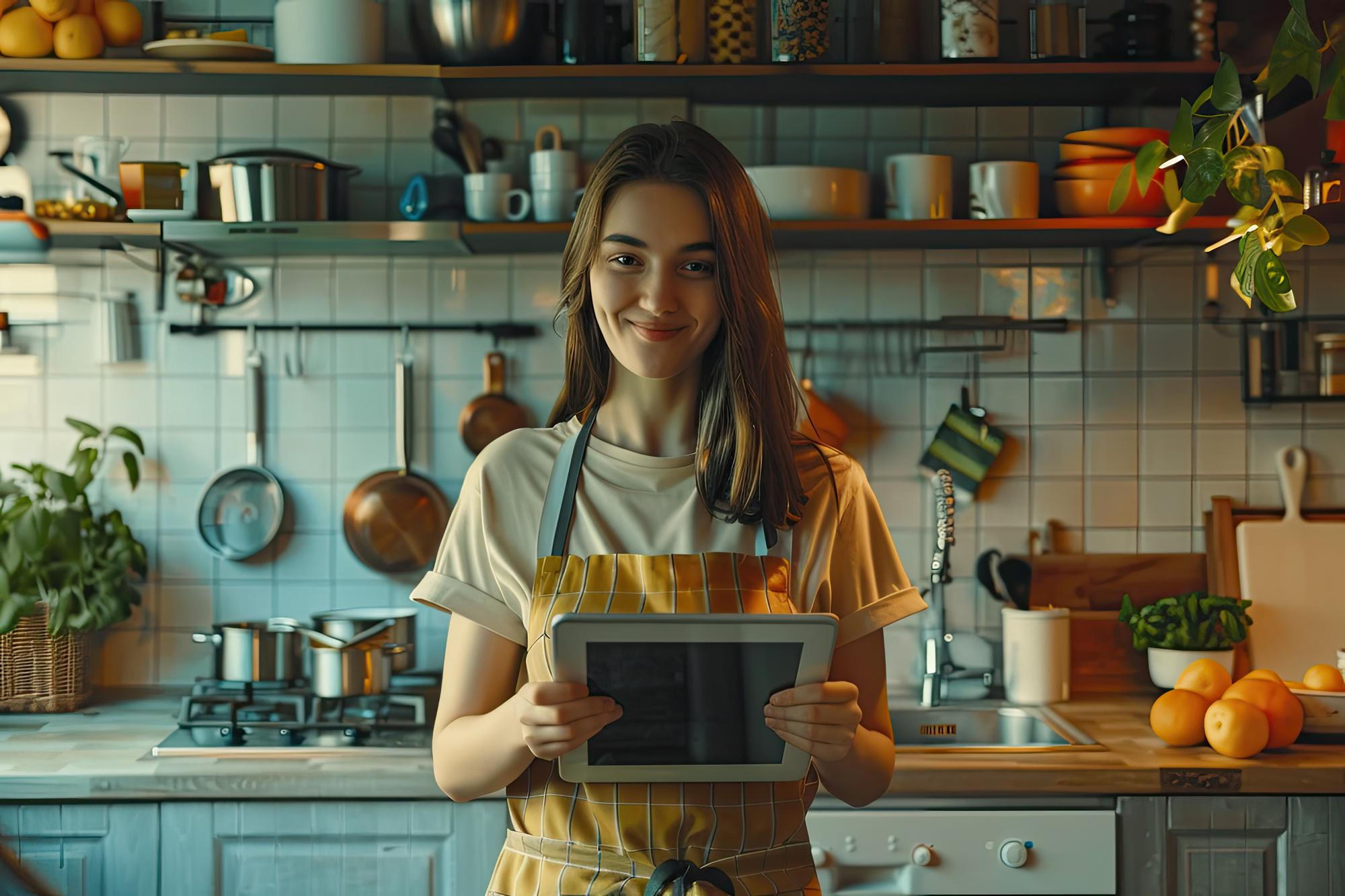 Studente in cucina pratica con tablet